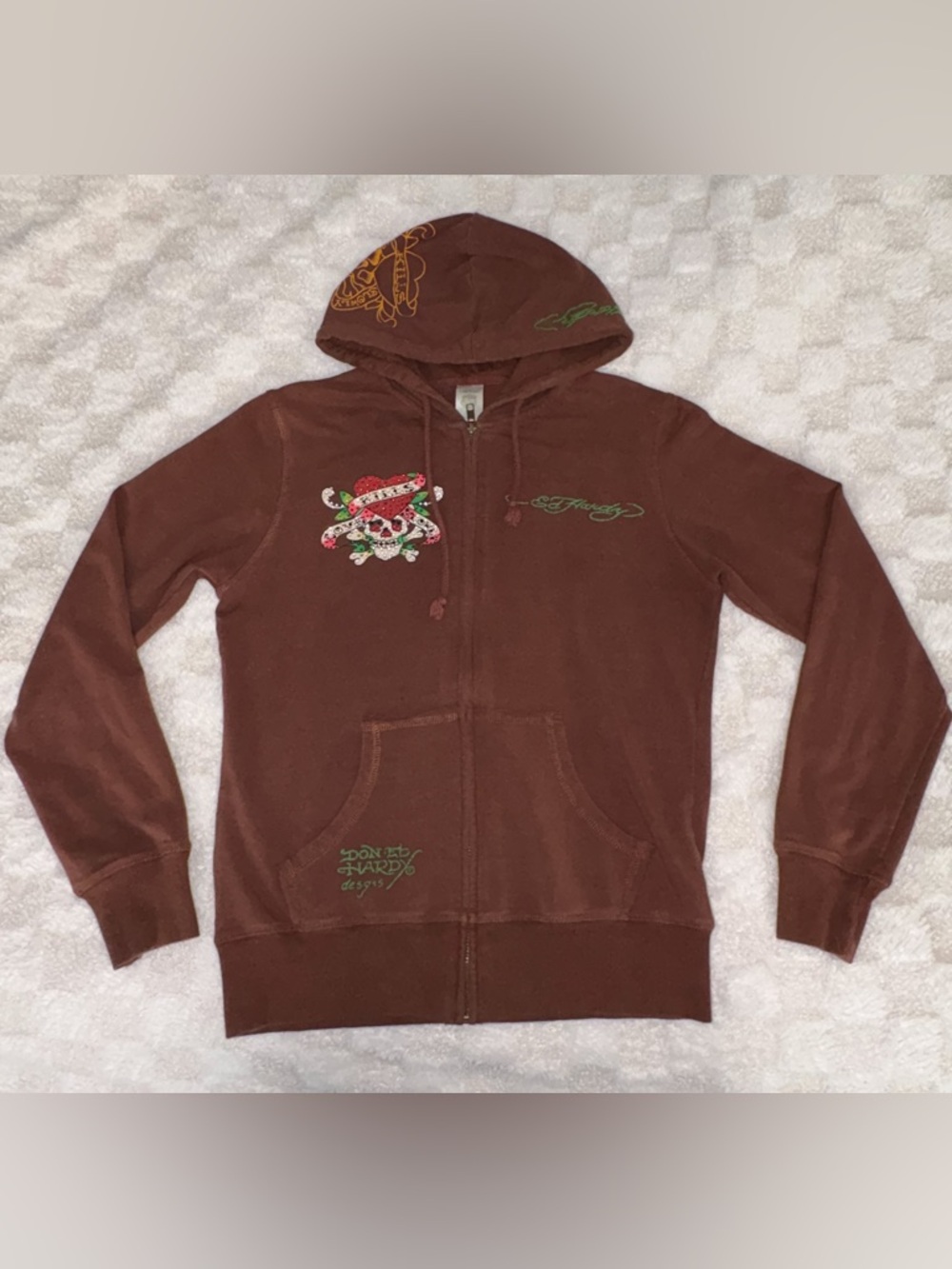 Vintage Ed Hardy Brown Zip-Up Hoodie with Bedazzled Skull + Crossbones Large